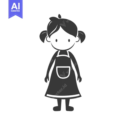 Aset premium populer: Black and white cartoon silhouette of a girl with pigtails and an apro