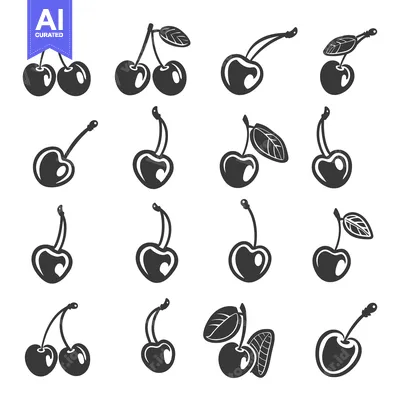 Premium design asset: Black and White Cherry Icons with Leaves and Stems