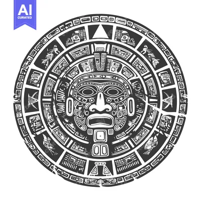 Aset desain premium: Black and White Circular Aztec Calendar With Deity Mask