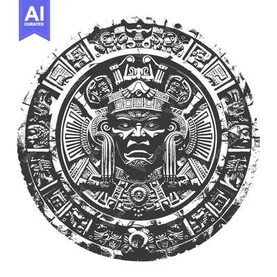Aset desain premium: Black and White Circular Aztec Design with a Central Deity Face
