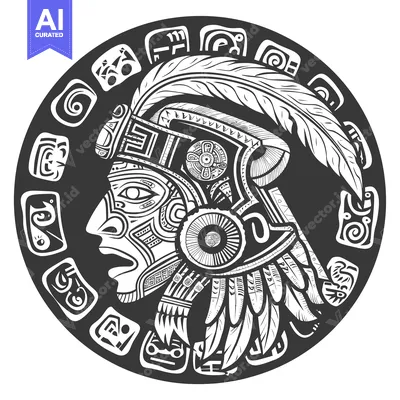 Aset desain premium: Black and White Circular Aztec Warrior Illustration