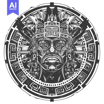 Aset premium populer: Black and White Circular Illustration of an Aztec-Style Face with Geom