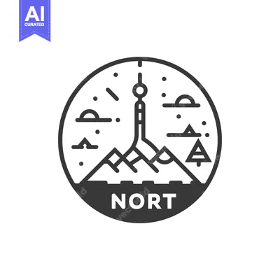 Aset premium populer: Black and White Circular Logo with Tower, Mountains, and Text "NORT"