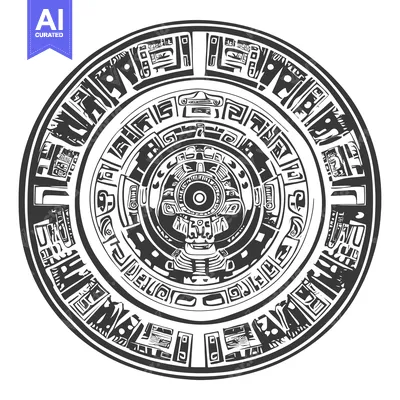 Aset premium populer: Black and White Circular Mayan Calendar with Central Face