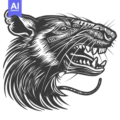 Aset premium populer: Black and White Detailed Drawing of a Rat's Head with an Open Mouth