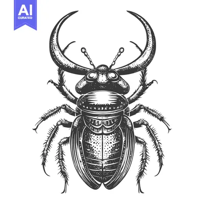 Aset premium populer: Black and White Detailed Illustration of a Beetle with Curved Horns