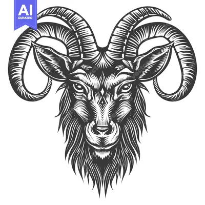 Aset desain premium: Black and White Detailed Illustration of a Goat Head with Large Horns