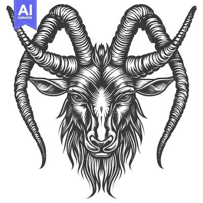 Aset premium populer: Black and White Detailed Illustration of a Goat's Head with Curved Hor