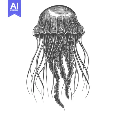Black and White Detailed Illustration of a Jellyfish