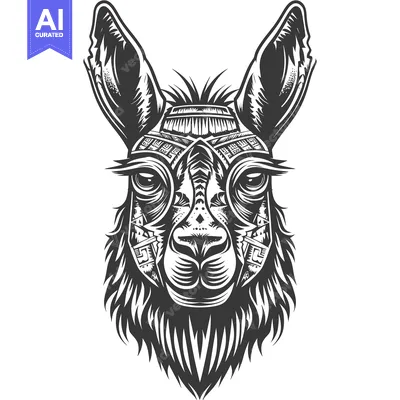 Aset desain premium: Black and White Detailed Illustration of a Llama Head