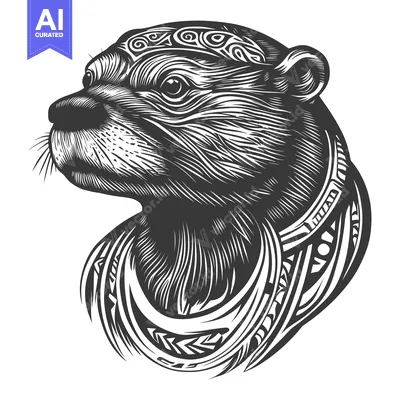 Aset desain premium: Black and White Detailed Illustration of an Otter Head with Tribal Des