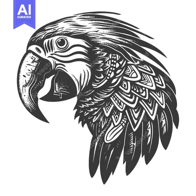 Aset desain premium: Black and White Detailed Illustration of a Parrot Head