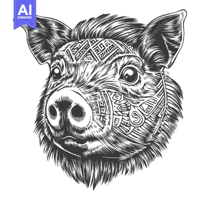 Popular premium asset: Black and White Detailed Illustration of a Pig's Head with Geometric P