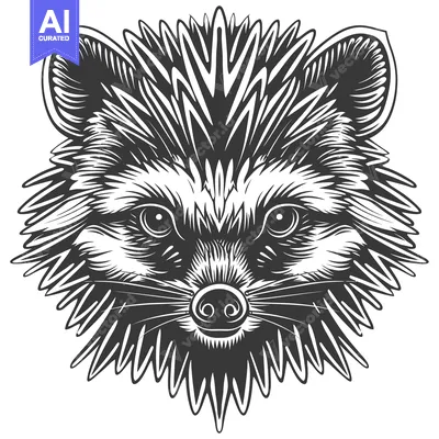 Aset desain premium: Black and White Detailed Illustration of a Raccoon Face