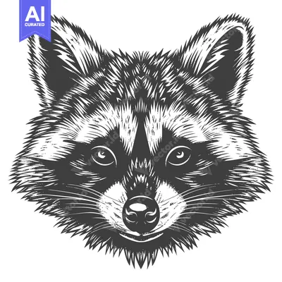 Aset desain premium: Black and White Detailed Illustration of a Raccoon's Face