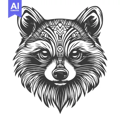 Premium design asset: Black and White Detailed Illustration of a Raccoon's Face with Geometr