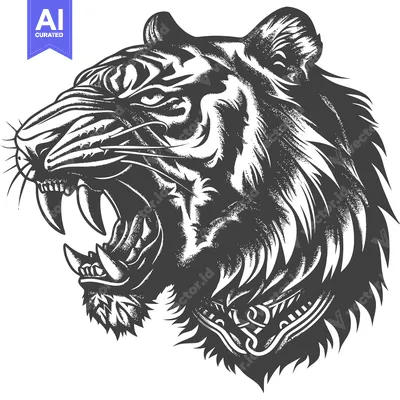 Popular premium asset: Black and White Detailed Illustration of a Roaring Tiger Head