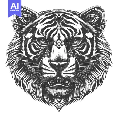 Aset premium populer: Black and White Detailed Illustration of a Tiger's Head