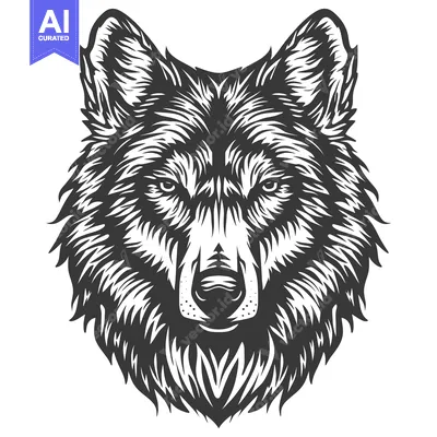 Aset desain premium: Black and White Detailed Illustration of a Wolf's Head