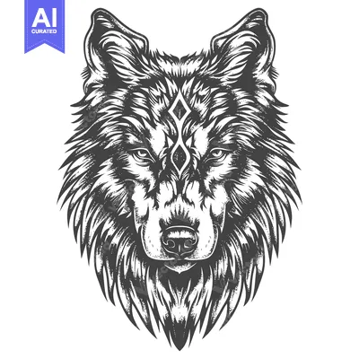 Aset premium populer: Black and White Detailed Illustration of a Wolf's Head with a Geometri
