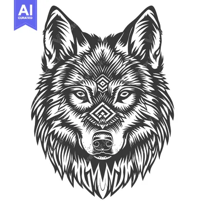 Aset desain premium: Black and White Detailed Illustration of a Wolf's Head with Geometric