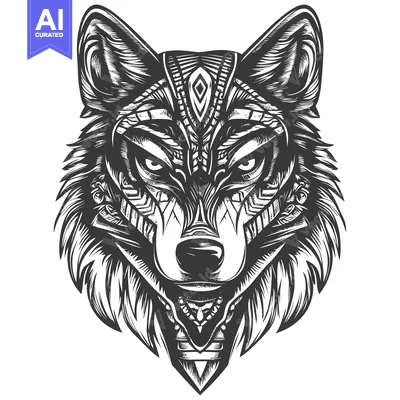 Aset desain premium: Black and White Detailed Illustration of a Wolf's Head with Geometric