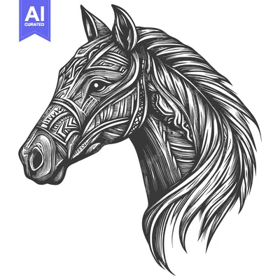 Aset desain premium: Black and White Detailed Line Art Drawing of a Horse's Head