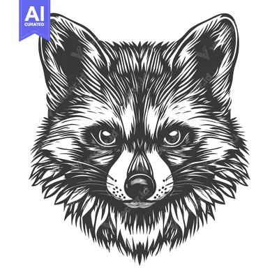 Aset desain premium: Black and White Detailed Line Art Raccoon Head