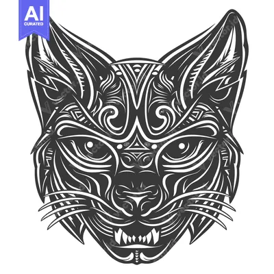 Aset desain premium: Black and White Detailed Stylized Feline Head