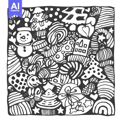 Aset desain premium: Black and White Doodle Christmas Illustration with Snowman, Trees, and