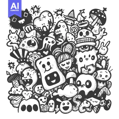 Aset premium populer: Black and white doodle illustration featuring a variety of whimsical c