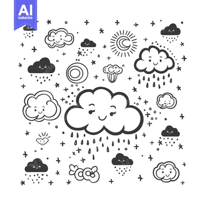 Aset desain premium: Black and White Doodle Illustration of Cute Clouds with Rain and Snow