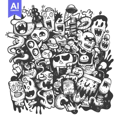 Aset premium populer: Black and White Doodle Illustration of Various Cartoon Monsters