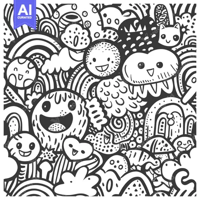 Popular premium asset: Black and White Doodle Pattern with Cartoon Faces