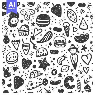 Aset premium populer: Black and White Doodle Pattern with Various Shapes and Objects