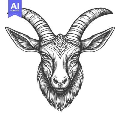 Aset premium populer: Black and White Engraved Illustration of a Goat Head with Ornamental D
