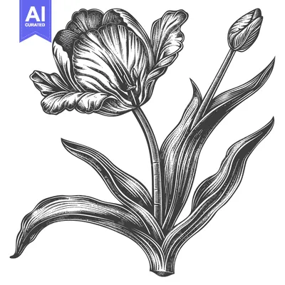 Aset premium populer: Black and White Engraved Illustration of a Tulip