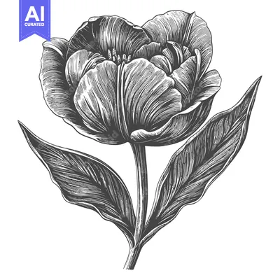 Aset desain premium: Black and White Engraved Illustration of a Tulip Flower