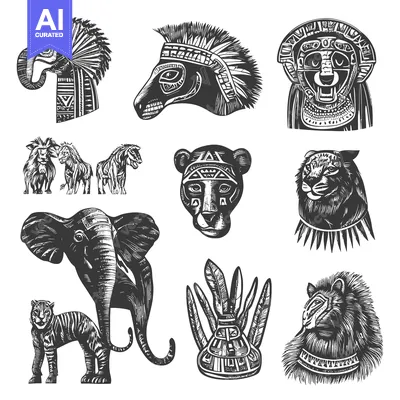 Aset premium populer: Black and White Engraved Illustrations of Animals Wearing Native Ameri