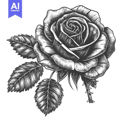 Premium design asset: Black and White Engraving of a Rose with Thorns and Leaves