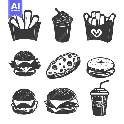 Black and White Fast Food Icons Set