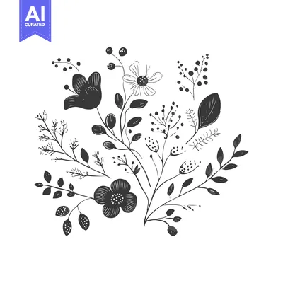 Aset desain premium: Black and White Floral Bouquet Illustration
