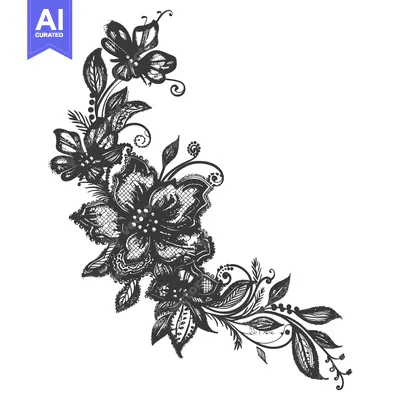 Premium design asset: Black and White Floral Illustration with Butterflies