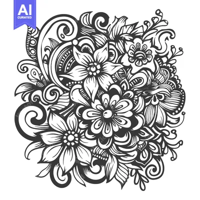 Aset premium populer: Black and White Floral Illustration with Swirling Vines and Intricate