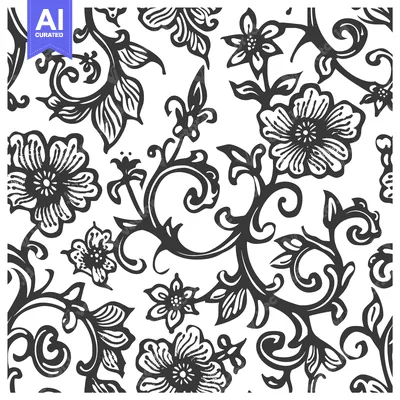 Aset premium populer: Black and White Floral Pattern with Intricate Swirls and Detailed Flow