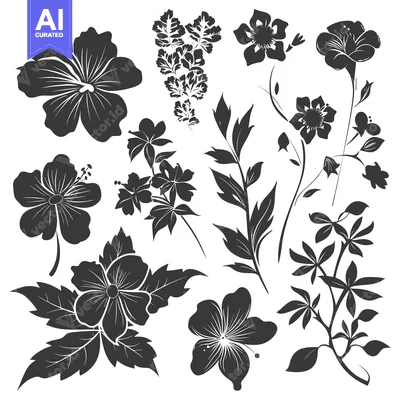 Aset premium populer: Black and White Floral Silhouettes with Various Flowers and Leaves