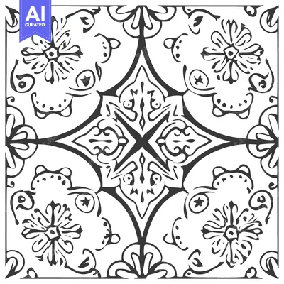 Aset desain premium: Black and White Floral Tile Pattern with Symmetrical Design