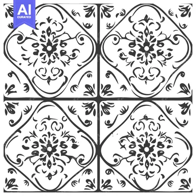 Aset premium populer: Black and White Floral Tile Pattern with Symmetrical Design
