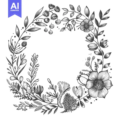 Aset desain premium: Black and White Floral Wreath with Intricate Details