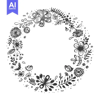 Aset desain premium: Black and White Floral Wreath with Small Details